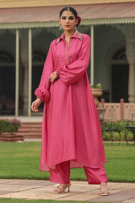 Buy_Label Niti Bothra_Pink Silk Pearls, Sequins, Applique Asymmetric Printed Kurta And Palazzo Set _Online_at_Aza_Fashions