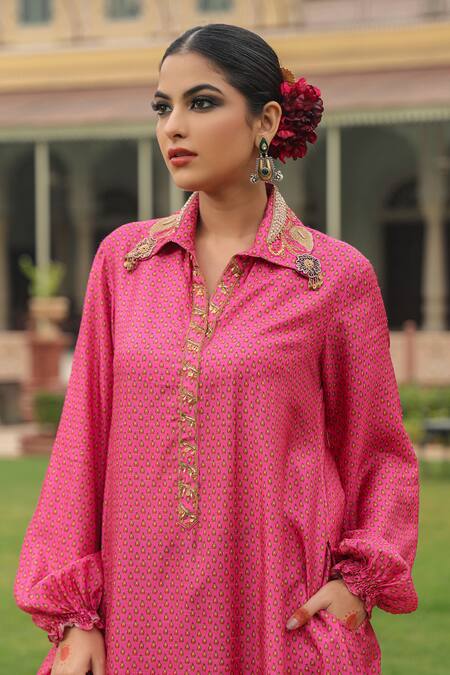 Shop_Label Niti Bothra_Pink Silk Pearls, Sequins, Applique Asymmetric Printed Kurta And Palazzo Set _Online_at_Aza_Fashions