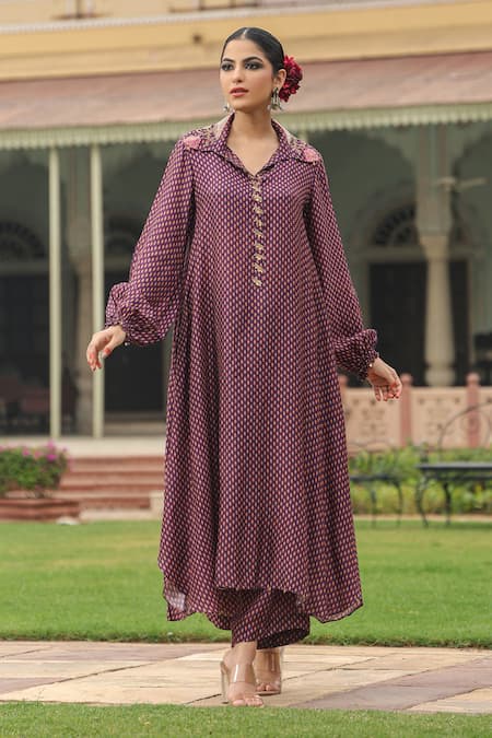 Label Niti Bothra Purple Silk Printed And Embroidered Cheent Asymmetric Kurta & Palazzo Set 