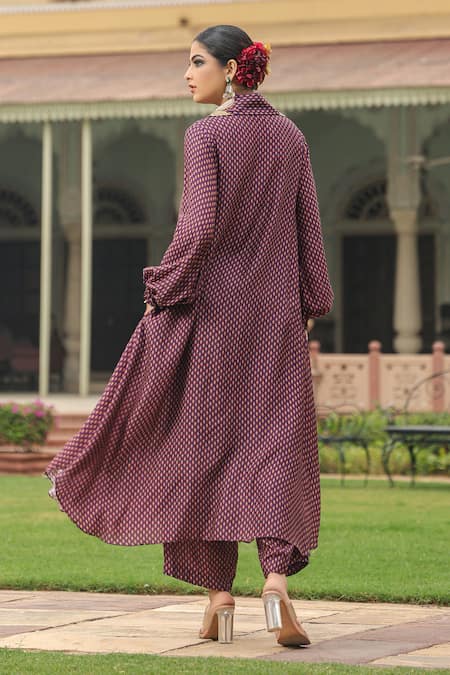Shop_Label Niti Bothra_Purple Silk Pearls, Applique, Embroidery Printed Asymmetric Kurta And Palazzo Set _at_Aza_Fashions