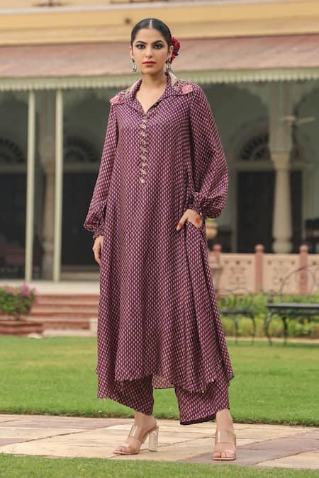 Label Niti Bothra_Purple Silk Pearls, Applique, Embroidery Printed Asymmetric Kurta And Palazzo Set _Online_at_Aza_Fashions