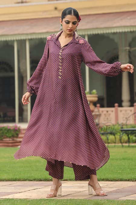 Buy_Label Niti Bothra_Purple Silk Pearls, Applique, Embroidery Printed Asymmetric Kurta And Palazzo Set _Online_at_Aza_Fashions