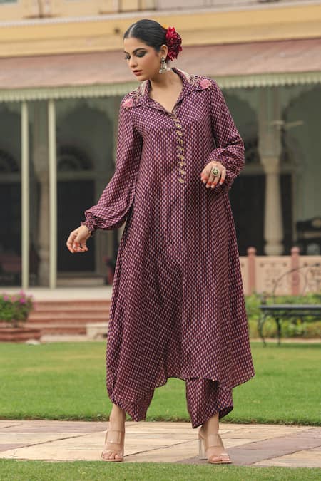 Shop_Label Niti Bothra_Purple Silk Pearls, Applique, Embroidery Printed Asymmetric Kurta And Palazzo Set _Online_at_Aza_Fashions