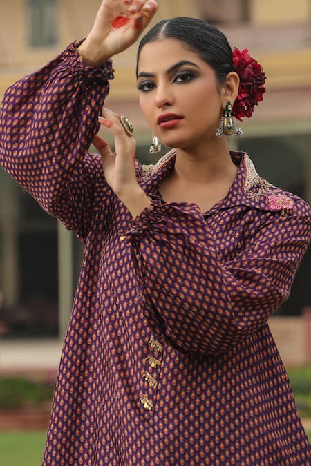 Label Niti Bothra_Purple Silk Pearls, Applique, Embroidery Printed Asymmetric Kurta And Palazzo Set _at_Aza_Fashions