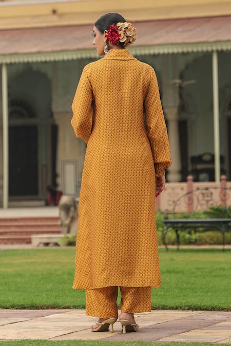 Shop_Label Niti Bothra_Yellow Silk Pearls, Applique Collared Printed Asymmetric Kurta And Palazzo Set _at_Aza_Fashions