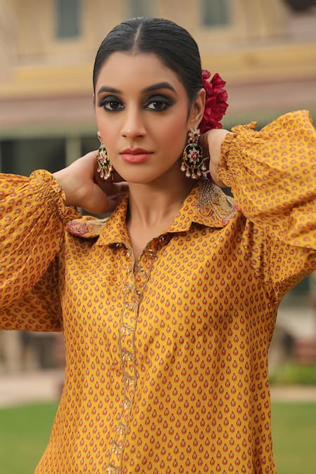 Label Niti Bothra_Yellow Silk Pearls, Applique Collared Printed Asymmetric Kurta And Palazzo Set _Online_at_Aza_Fashions