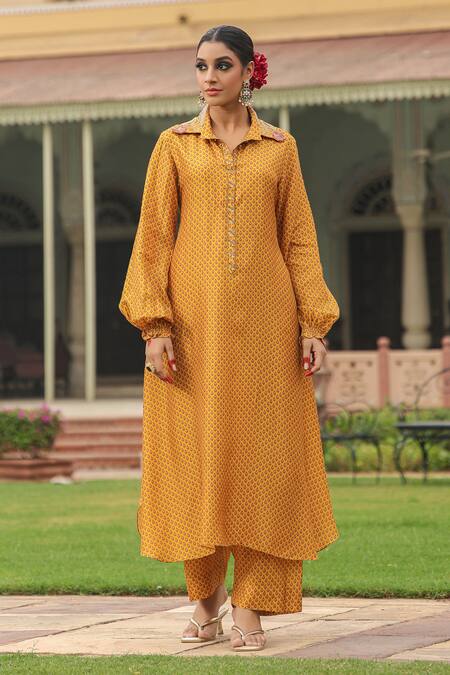 Buy_Label Niti Bothra_Yellow Silk Pearls, Applique Collared Printed Asymmetric Kurta And Palazzo Set _Online_at_Aza_Fashions