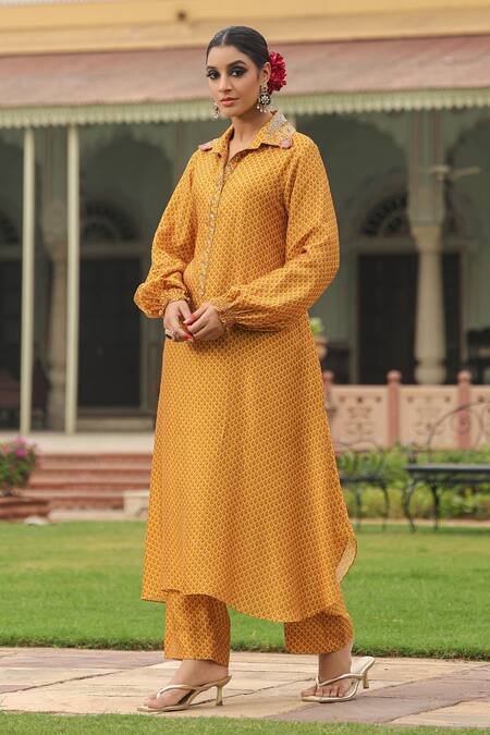 Shop_Label Niti Bothra_Yellow Silk Pearls, Applique Collared Printed Asymmetric Kurta And Palazzo Set _Online_at_Aza_Fashions