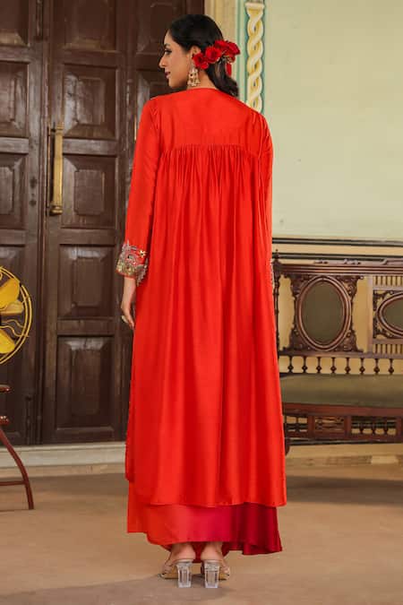 Shop_Label Niti Bothra_Orange Silk Zari, Sequins One Zardozi Embroidered Jacket With Draped Dress _at_Aza_Fashions