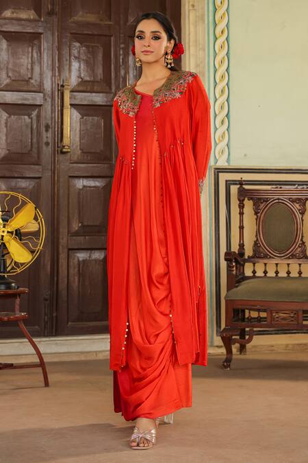 Label Niti Bothra_Orange Silk Zari, Sequins One Zardozi Embroidered Jacket With Draped Dress _Online_at_Aza_Fashions
