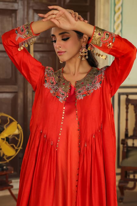 Buy_Label Niti Bothra_Orange Silk Zari, Sequins One Zardozi Embroidered Jacket With Draped Dress _Online_at_Aza_Fashions