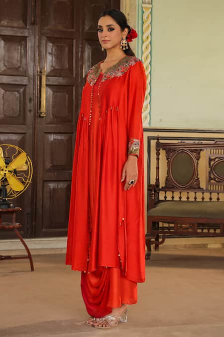 Shop_Label Niti Bothra_Orange Silk Zari, Sequins One Zardozi Embroidered Jacket With Draped Dress _Online_at_Aza_Fashions