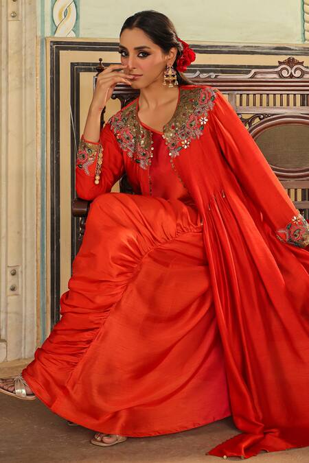 Label Niti Bothra_Orange Silk Zari, Sequins One Zardozi Embroidered Jacket With Draped Dress _at_Aza_Fashions