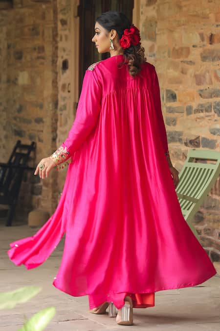 Shop_Label Niti Bothra_Pink Silk Sequins One Zardozi Paisley Embroidered Jacket With Ombre Dress _at_Aza_Fashions