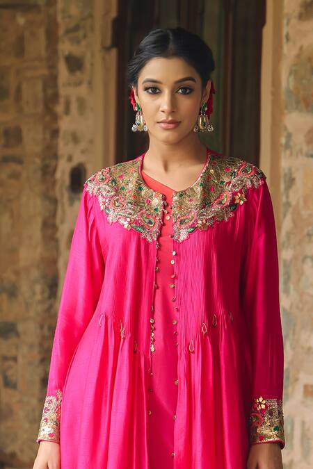 Label Niti Bothra_Pink Silk Sequins One Zardozi Paisley Embroidered Jacket With Ombre Dress _Online_at_Aza_Fashions