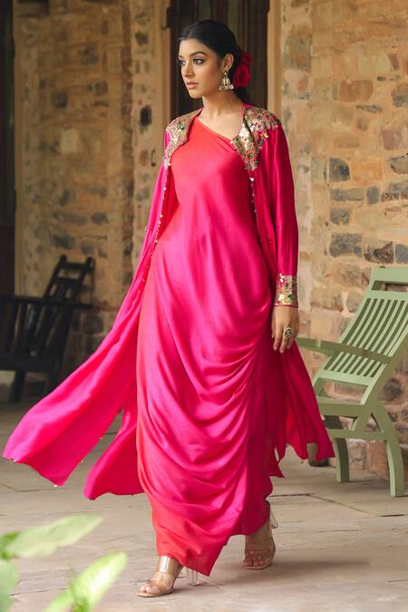 Buy_Label Niti Bothra_Pink Silk Sequins One Zardozi Paisley Embroidered Jacket With Ombre Dress _Online_at_Aza_Fashions