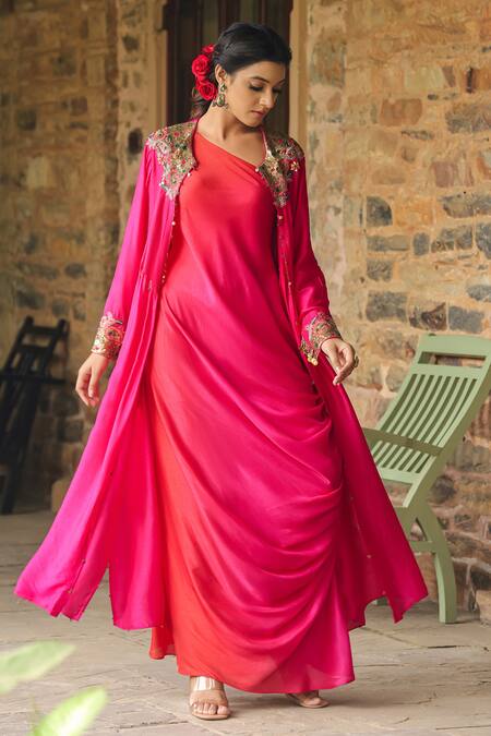 Shop_Label Niti Bothra_Pink Silk Sequins One Zardozi Paisley Embroidered Jacket With Ombre Dress _Online_at_Aza_Fashions