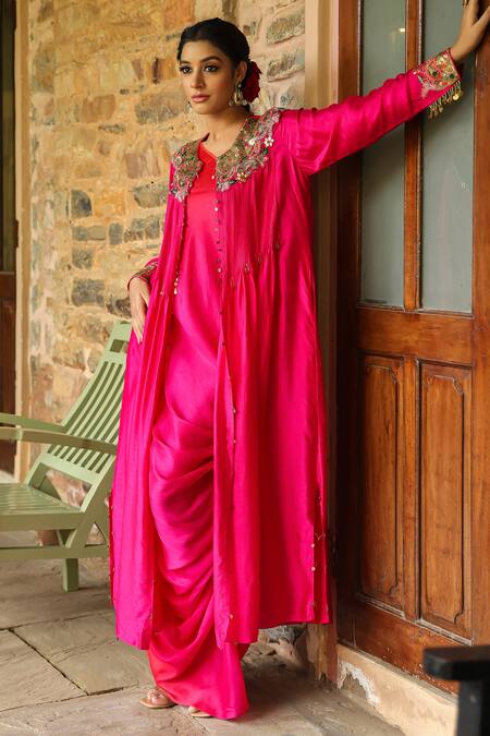 Buy_Label Niti Bothra_Pink Silk Sequins One Zardozi Paisley Embroidered Jacket With Ombre Dress 