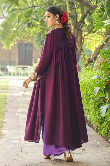 Shop_Label Niti Bothra_Purple Silk Zari, Sequins Round Paisley Embroidered Jacket With Ombre Dress _at_Aza_Fashions