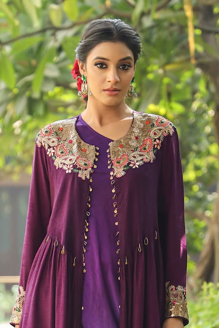 Label Niti Bothra_Purple Silk Zari, Sequins Round Paisley Embroidered Jacket With Ombre Dress _Online_at_Aza_Fashions