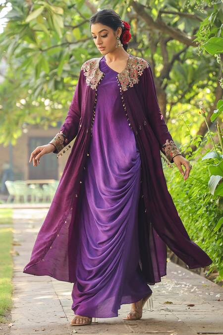 Buy_Label Niti Bothra_Purple Silk Zari, Sequins Round Paisley Embroidered Jacket With Ombre Dress _Online_at_Aza_Fashions