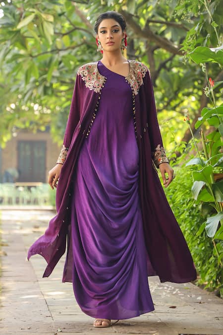 Shop_Label Niti Bothra_Purple Silk Zari, Sequins Round Paisley Embroidered Jacket With Ombre Dress _Online_at_Aza_Fashions