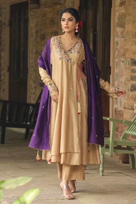 Label Niti Bothra Ivory Anarkali And Dupatta Chanderi Silk Zardozi Angarakha Palazzo Set 