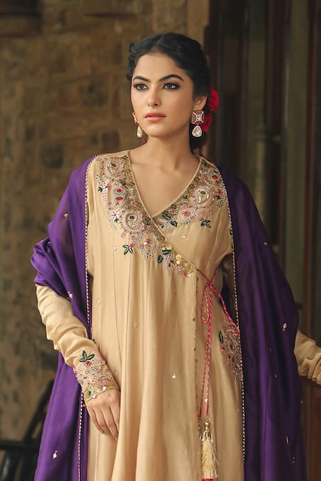 Label Niti Bothra_Ivory Chanderi Silk, Cotton Zardozi Embroidered Angarakha Anarkali Palazzo Set_Online_at_Aza_Fashions