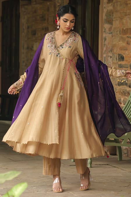 Shop_Label Niti Bothra_Ivory Chanderi Silk, Cotton Zardozi Embroidered Angarakha Anarkali Palazzo Set_Online_at_Aza_Fashions