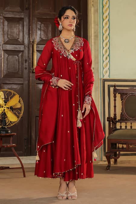 Label Niti Bothra Maroon Anarkali And Dupatta Chanderi Silk Floral Angarakha Palazzo Set 