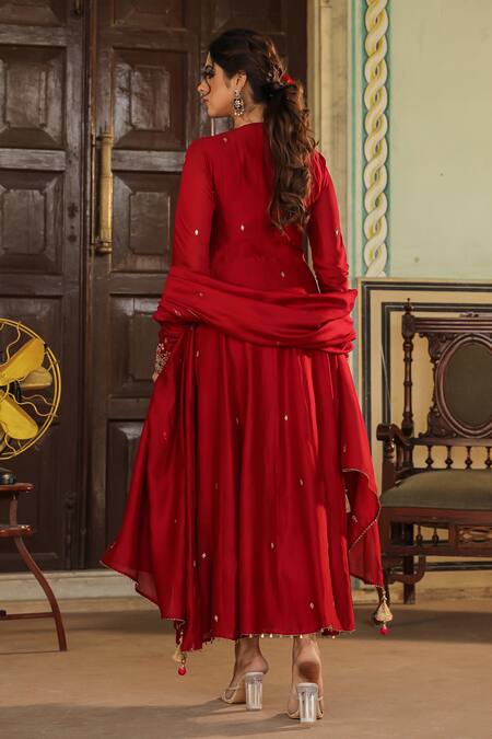 Shop_Label Niti Bothra_Maroon Chanderi Silk, Cotton Floral Embroidered Angarakha Anarkali Palazzo Set _at_Aza_Fashions