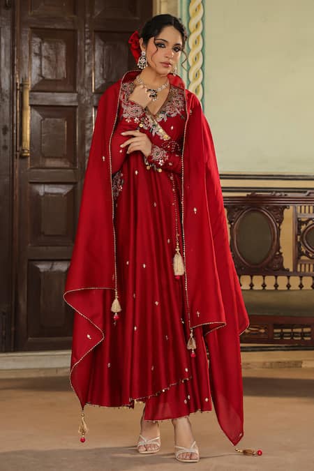 Label Niti Bothra_Maroon Chanderi Silk, Cotton Floral Embroidered Angarakha Anarkali Palazzo Set _Online_at_Aza_Fashions