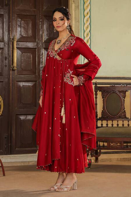 Shop_Label Niti Bothra_Maroon Chanderi Silk, Cotton Floral Embroidered Angarakha Anarkali Palazzo Set _Online_at_Aza_Fashions