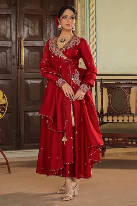 Label Niti Bothra_Maroon Chanderi Silk, Cotton Floral Embroidered Angarakha Anarkali Palazzo Set _at_Aza_Fashions