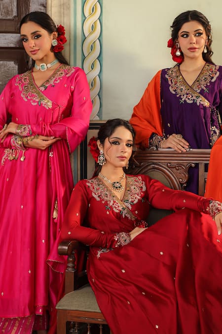 Buy_Label Niti Bothra_Maroon Chanderi Silk, Cotton Floral Embroidered Angarakha Anarkali Palazzo Set 