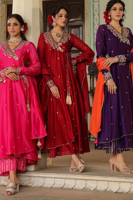 Shop_Label Niti Bothra_Maroon Chanderi Silk, Cotton Floral Embroidered Angarakha Anarkali Palazzo Set 
