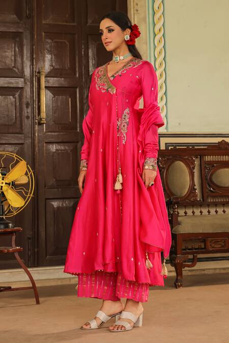 Label Niti Bothra_Pink Chanderi Silk, Cotton Sequins, Paisley Embroidered Angarakha Anarkali Set_Online_at_Aza_Fashions