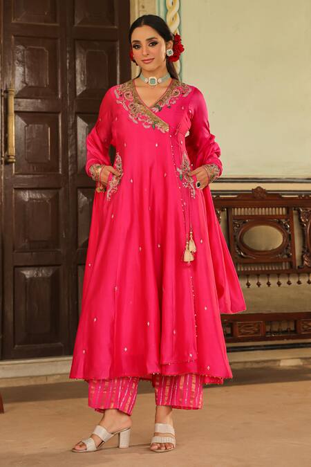 Buy_Label Niti Bothra_Pink Chanderi Silk, Cotton Sequins, Paisley Embroidered Angarakha Anarkali Set_Online_at_Aza_Fashions
