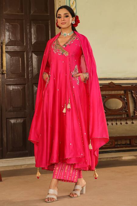 Label Niti Bothra_Pink Chanderi Silk, Cotton Sequins, Paisley Embroidered Angarakha Anarkali Set_at_Aza_Fashions