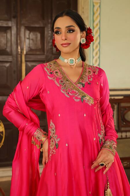 Buy_Label Niti Bothra_Pink Chanderi Silk, Cotton Sequins, Paisley Embroidered Angarakha Anarkali Set