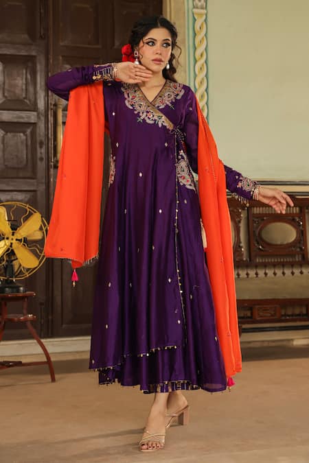 Label Niti Bothra_Purple Chanderi Silk, Paisley Zardozi Embroidered Angarakha Anarkali Palazzo Set _Online_at_Aza_Fashions