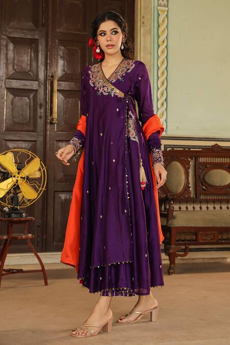 Buy_Label Niti Bothra_Purple Chanderi Silk, Paisley Zardozi Embroidered Angarakha Anarkali Palazzo Set _Online_at_Aza_Fashions