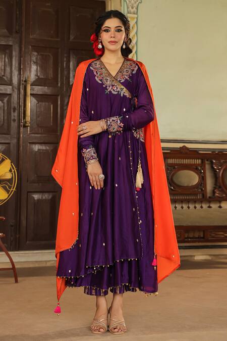 Shop_Label Niti Bothra_Purple Chanderi Silk, Paisley Zardozi Embroidered Angarakha Anarkali Palazzo Set _Online_at_Aza_Fashions