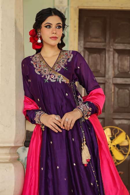 Label Niti Bothra_Purple Chanderi Silk, Paisley Zardozi Embroidered Angarakha Anarkali Palazzo Set _at_Aza_Fashions