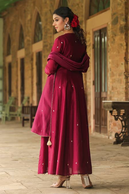 Shop_Label Niti Bothra_Wine Chanderi Silk, Cotton Zardozi Embroidered Angarakha Anarkali Palazzo Set _at_Aza_Fashions
