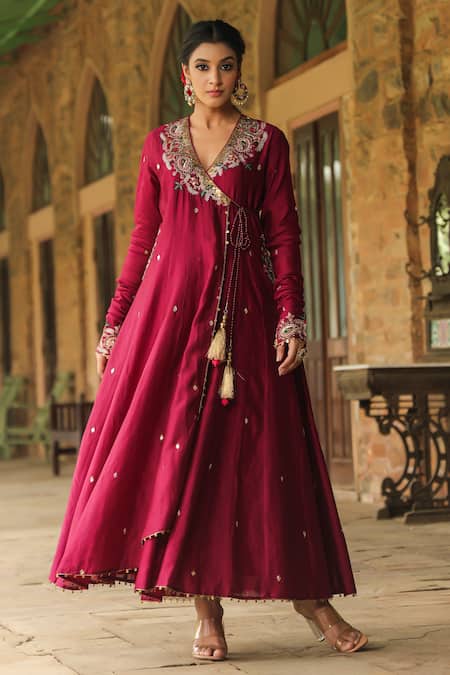 Buy_Label Niti Bothra_Wine Chanderi Silk, Cotton Zardozi Embroidered Angarakha Anarkali Palazzo Set _Online_at_Aza_Fashions
