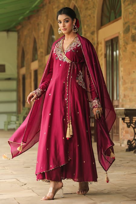 Label Niti Bothra_Wine Chanderi Silk, Cotton Zardozi Embroidered Angarakha Anarkali Palazzo Set _at_Aza_Fashions