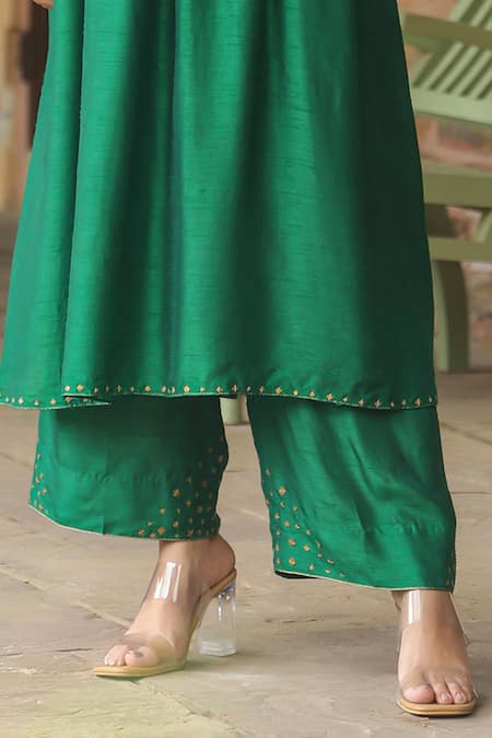 Label Niti Bothra_Green Silk Zari, Sequins Mandarin Zardozi Embroidered Anarkali With Palazzo _Online_at_Aza_Fashions