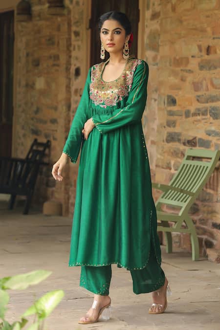 Buy_Label Niti Bothra_Green Silk Zari, Sequins Mandarin Zardozi Embroidered Anarkali With Palazzo _Online_at_Aza_Fashions