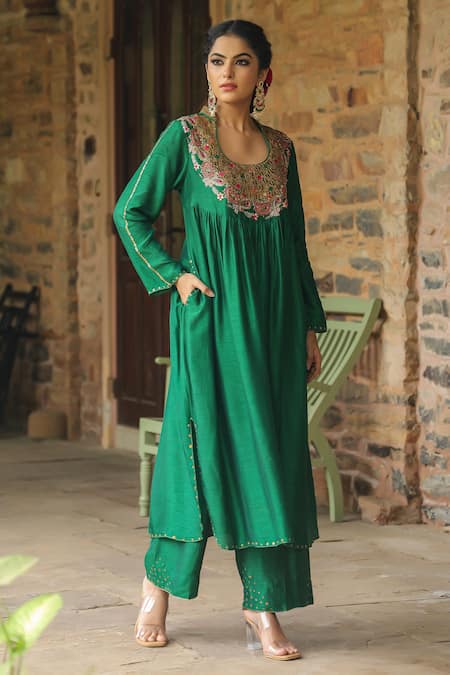 Shop_Label Niti Bothra_Green Silk Zari, Sequins Mandarin Zardozi Embroidered Anarkali With Palazzo _Online_at_Aza_Fashions